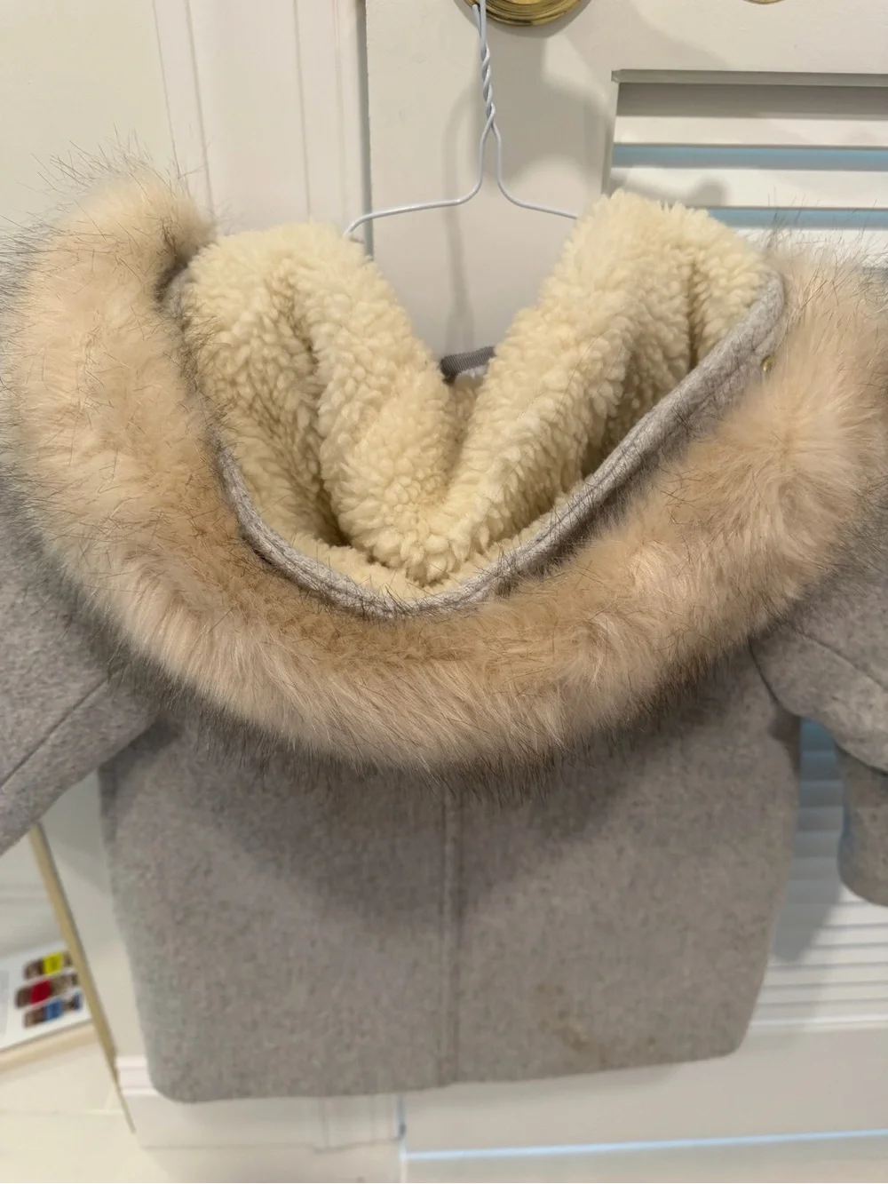 Crewcuts Girls Gray Wool-Blend Pea Coat with Faux Fur Hood Trim Size 3